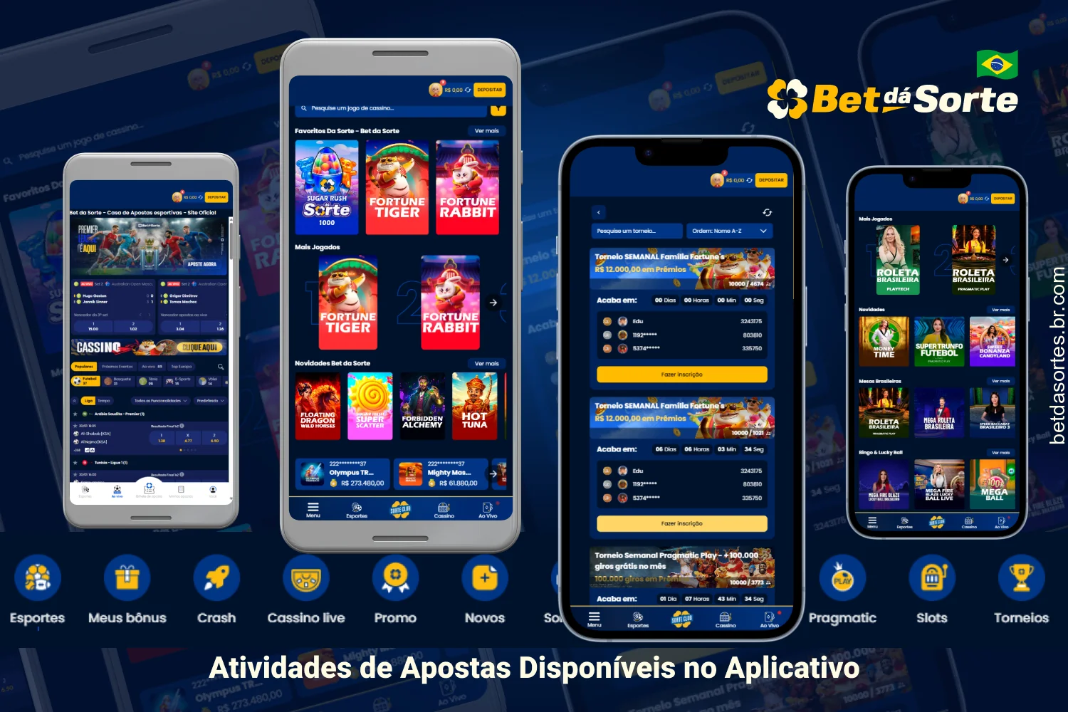 Através do aplicativo da Bet da Sorte, os jogadores do Brasil podem apostar, jogar no cassino e no cassino com dealers ao vivo, testar a sorte em loterias e muito mais